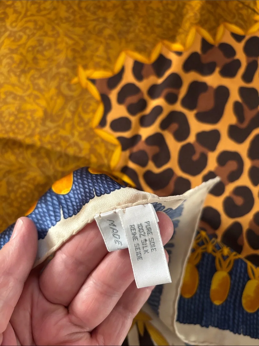 Christian Dior Italy Silk Gold Blue Animal Print Shawl Wrap Scarf-53x53-VINTAGE